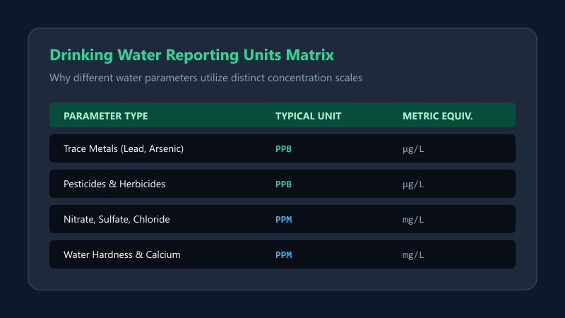 Matrix showing drinking water contaminant categories with typical reporting units