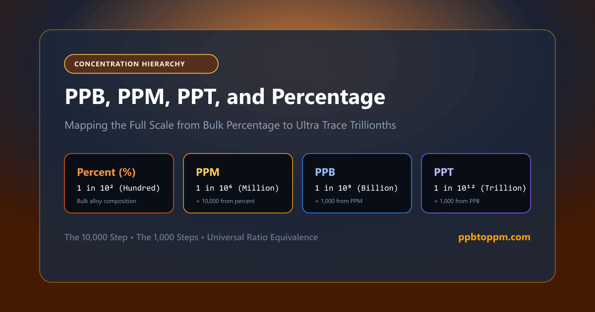 Comprehensive scale showing mathematical relationships between percent PPM PPB and PPT