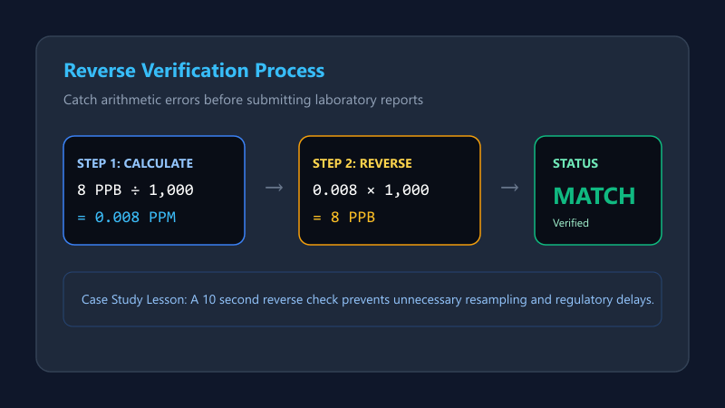 Verification flowchart demonstrating reverse conversion multiplying PPM by 1000 to confirm PPB