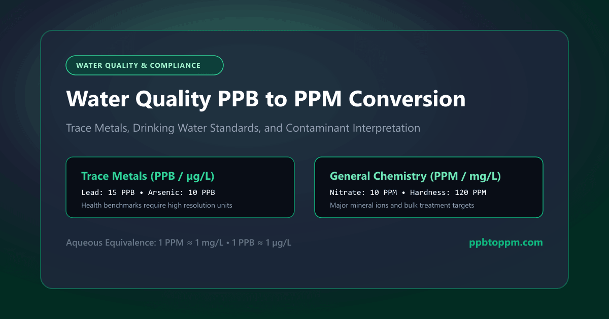 Water quality analysis guide displaying contaminant testing standards in PPB and PPM
